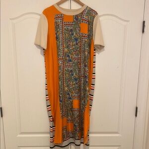 Tory Burch Orange and Cream Sheath Midi Dress Short Sleeve